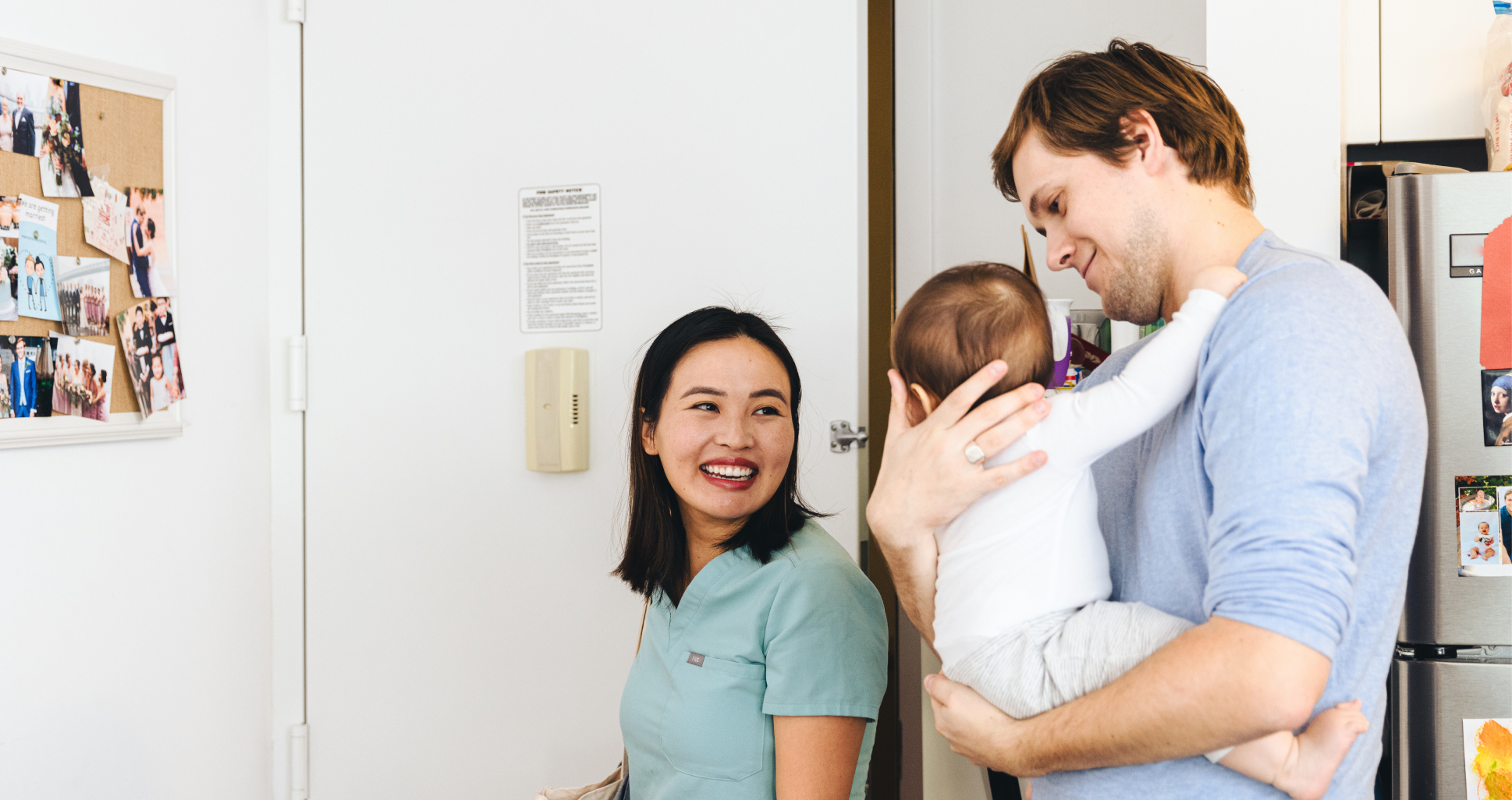 Couple leaving home with their baby-asian woman with white man and baby