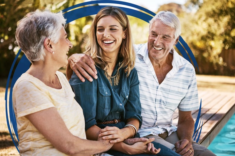 Elderly couple with adult daughter laughing Cool Blue Brushstroke