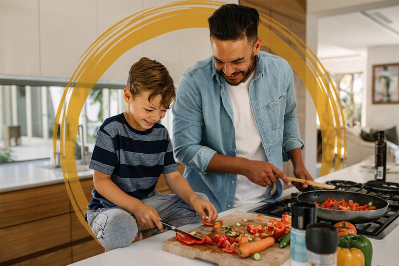 Father and Son Cooking in the Kitchen Warm Gold Brushstroke