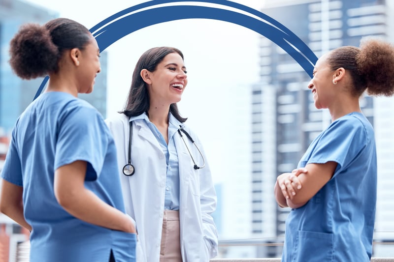 Group of Women Healthcare Professionals Standing Laughing Cool Blue Brushstroke